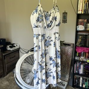 White dress with blue flowers
